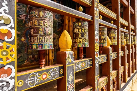 Prayer mills and mural painting in the monastery fortress