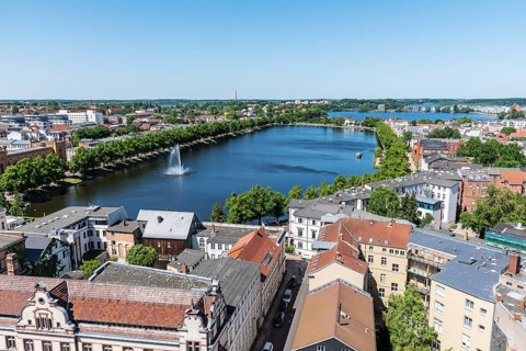 View from the cathedral over the city with Pfaffenteich and Ziegelsee