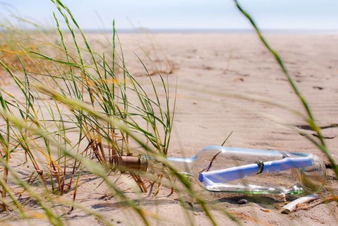 Bottle post on the beach between grasses
