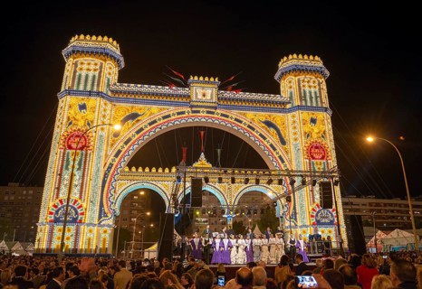 Colorful illuminated entrance portal at night