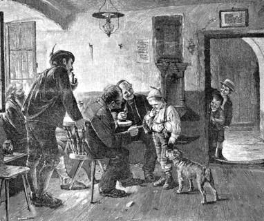Little boy gets reproaches in the inn because he stole apples