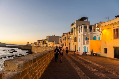 Waterfront in the coastal town of Alghero after sunset