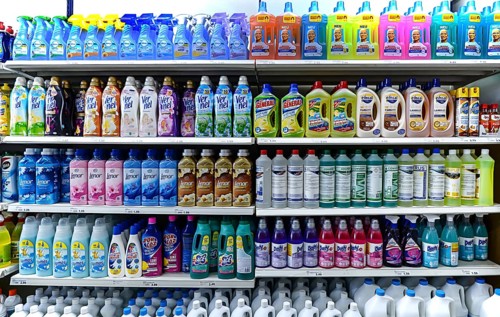 Cleaning agents in a shelf in a Turkish supermarket