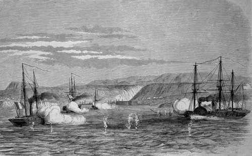 A sea battle between Russian and French troops in front of the Crimean peninsula