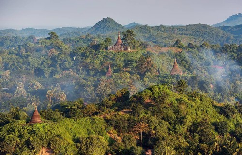 Hills and stupas of Mrauk U as seen from Shwetaung Pagoda at sunrise
