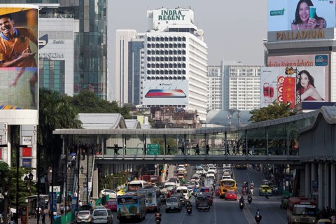 Busy road with pedestrian bridge