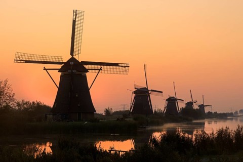 Historical windmills at sunrise UNESCO World Heritage Site