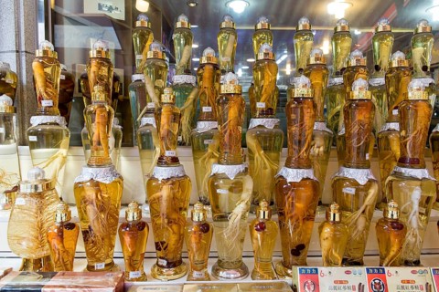 Ginseng in bottles at a market
