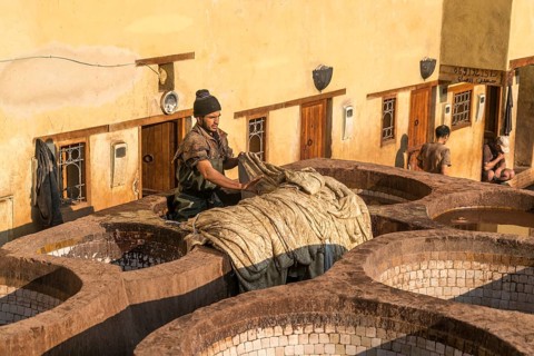 Leather tanners on tanks with paint for dyeing leather