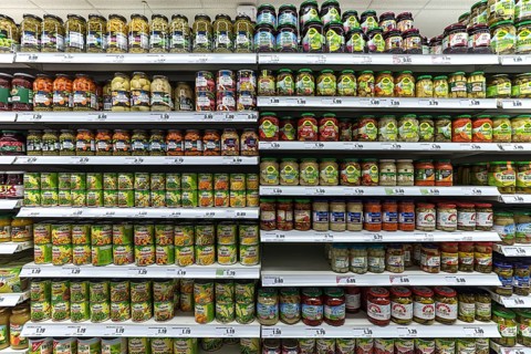 Canned vegetables on a shelf in a Turkish supermarket