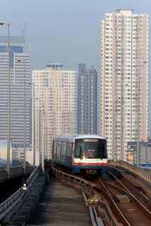 BTS Skytrain in front of skyscrapers