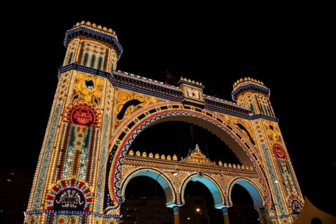 Colorful illuminated entrance portal at night
