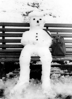 Snowman nit bag sits on bench ca. 1970s