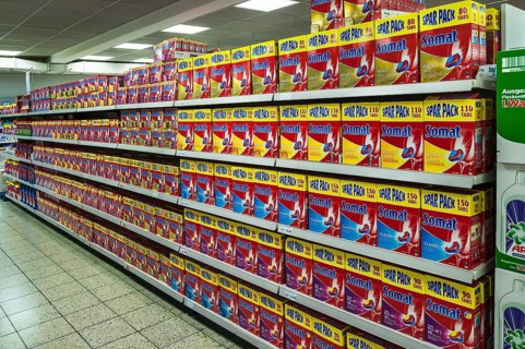 Shelf with detergent in a supermarket
