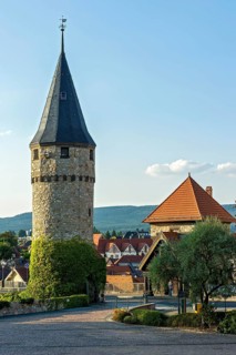Reconstructed Romanesque witch tower with bridge keeper's house