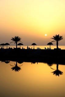 Sunset with water reflection from palm trees and sunshades