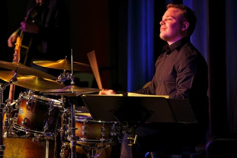 Jazz drummer Markus Lammel of Gerold Heitbaum Quartet in concert