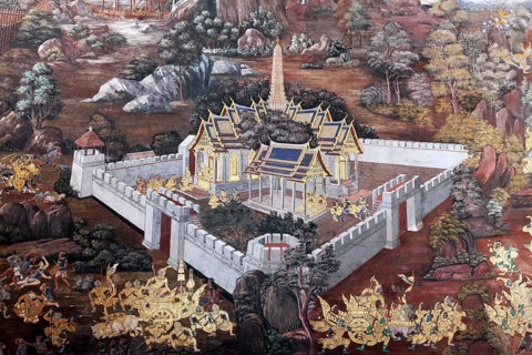 Buddhist temple complex with scene from Ramakia