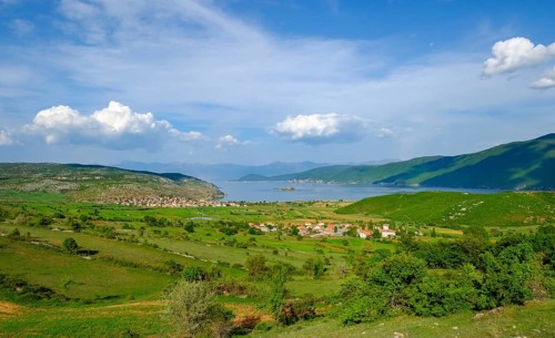 Great Lake Prespa with Maligrad Island and villages of Lejthize and Liqenas