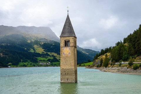 Church tower of Alt-Graun in the Reschensee reservoir