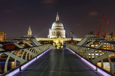 Millenium Bridge and St Paul's Cathedral by night
