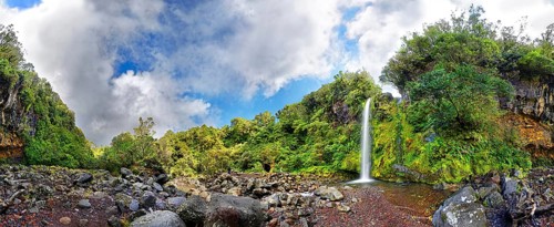 360 panoramic view of the Dawson Falls waterfall in the middle of a tropical rainforest