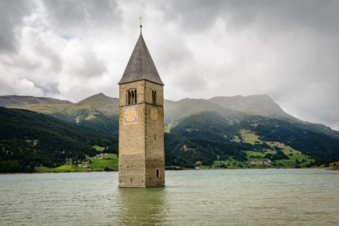 Church tower of Alt-Graun in the Reschensee reservoir