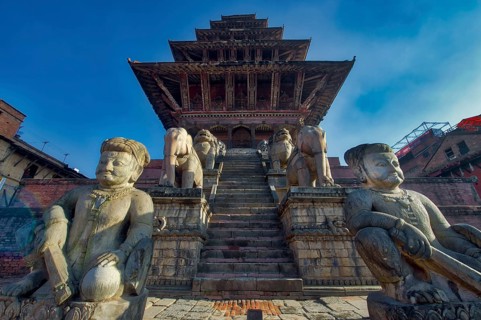 Nyatapola Siddhi Lakshmi Temple or Ngatapola Temple guarded by the Rajput Wrestlers Jayame and Phattu