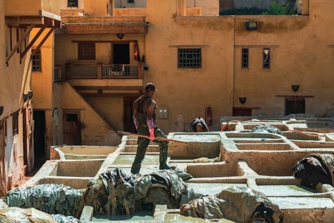 Worker dyeing leather