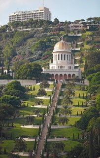 The Gardens of the Bahai on Mount Carmel and Shrine of Bab Tomb with Dome