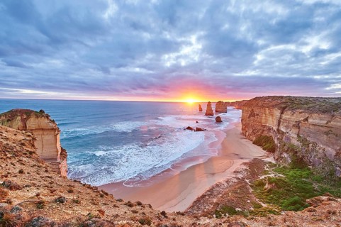 Rocky coast with the Twelve Apostles at sunset