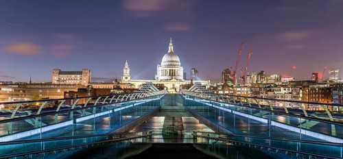 Millenium Bridge and St Paul's Cathedral by night