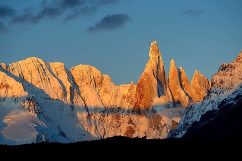Cerro Torre with snow at sunrise