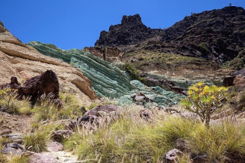 Turquoise colored rock layer Los Azulejos De Veneguera