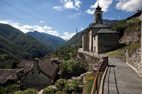 View of the mountain village Isorno with church