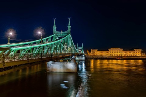Freiheitsbrucke with Danube and Corvinus University at night