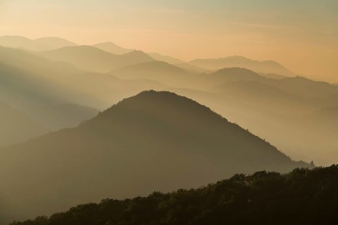 Hilly landscape in the haze