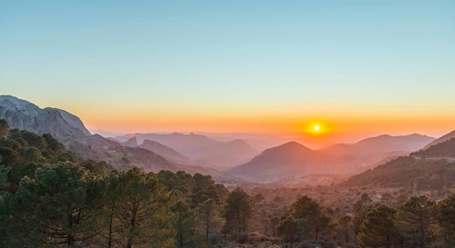 Wooded mountain landscape at sunset
