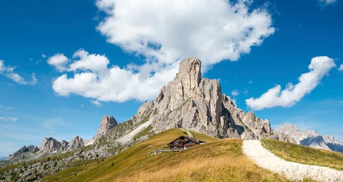 Hut at Passo Giau with La Gusela peak