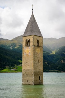 Church tower of Alt-Graun in the Reschensee reservoir