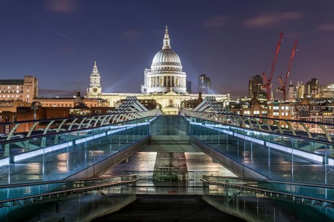 Millenium Bridge and St Paul's Cathedral by night