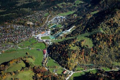 Partenkirchen with ski jump at Gudiberg in autumn