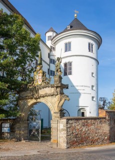 Portal with coat of arms of Saxony as entrance to Hartenfels Castle