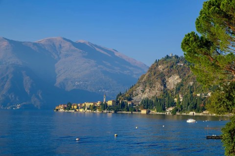 View over lake to the village