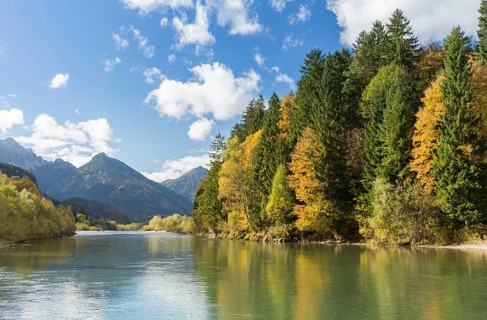 The river Lech with autumnal forest near the Ziegelwiesen