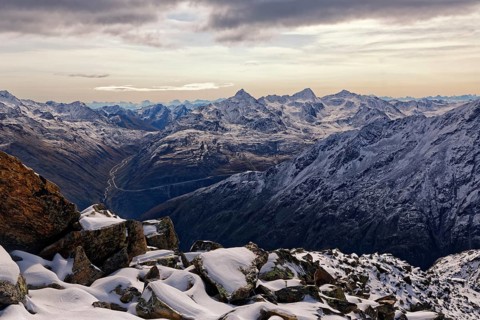 View from the Gaislachkogel to the snowy Otztal Alps