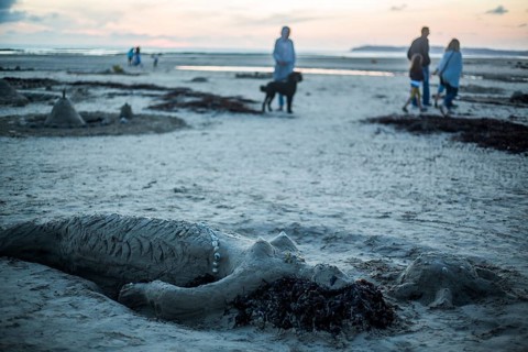 Mermaid of sand and strollers at dusk on the beach