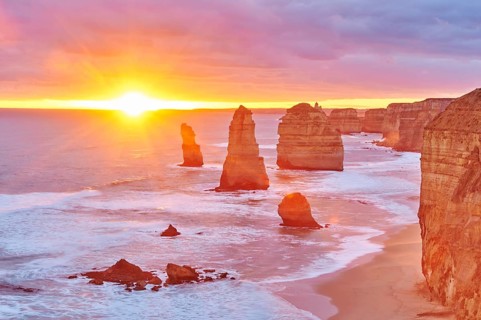 Rocky coast with the Twelve Apostles at sunset