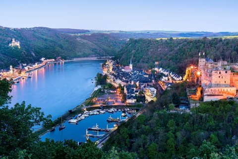 Rheinfels Castle illuminated at dusk