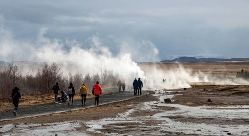 Tourists at the Haukadalur geothermal field